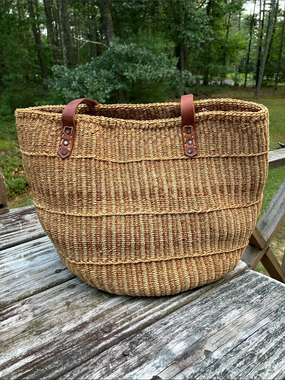 Vintage French Market Bag Sisal Straw Tote Leather Straps - Picture 3 of 13